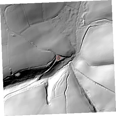 Shaded relief map of the ground around TR24HL, computed from Environment Agency LiDAR. The ground here sits at about 43 m above sea level and falls 57 m across the surrounding 800 m. Surface water reaching this point runs off ground lying to the west, 18.7 m higher.