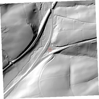 Shaded relief map of the ground around TR24JA, computed from Environment Agency LiDAR. The ground here sits at about 14 m above sea level and falls 61 m across the surrounding 800 m. Surface water reaching this point runs off ground lying to the east-north-east, 44.1 m higher.