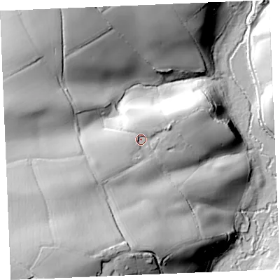 Shaded relief map of the ground around TR24JE, computed from Environment Agency LiDAR. The ground here sits at about 44 m above sea level and falls 61 m across the surrounding 800 m. Surface water reaching this point runs off ground lying to the south-west, 6.9 m higher.