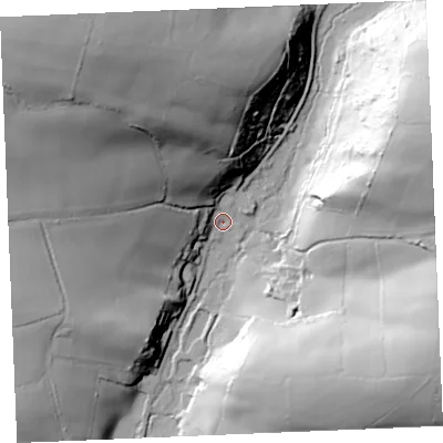 Shaded relief map of the ground around TR24NN, computed from Environment Agency LiDAR. The ground here sits at about 41 m above sea level and falls 72 m across the surrounding 800 m. Surface water reaching this point runs off ground lying to the north-west, 64.5 m higher.