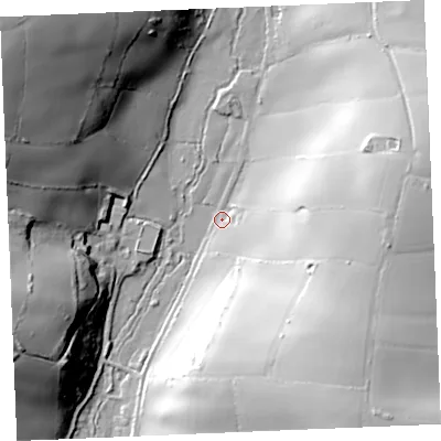 Shaded relief map of the ground around TR24QB, computed from Environment Agency LiDAR. The ground here sits at about 27 m above sea level and falls 66 m across the surrounding 800 m. Surface water reaching this point runs off ground lying to the south-south-east, 55.2 m higher.