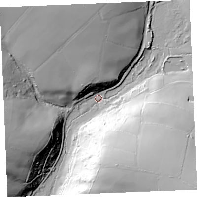 Shaded relief map of the ground around TR24QG, computed from Environment Agency LiDAR. The ground here sits at about 46 m above sea level and falls 66 m across the surrounding 800 m. Surface water reaching this point runs off ground lying to the south-east, 62.2 m higher.