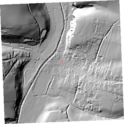 Shaded relief map of the ground around TR24RT, computed from Environment Agency LiDAR. The ground here sits at about 21 m above sea level and falls 58 m across the surrounding 800 m. Surface water reaching this point runs off ground lying to the east-north-east, 44.1 m higher.