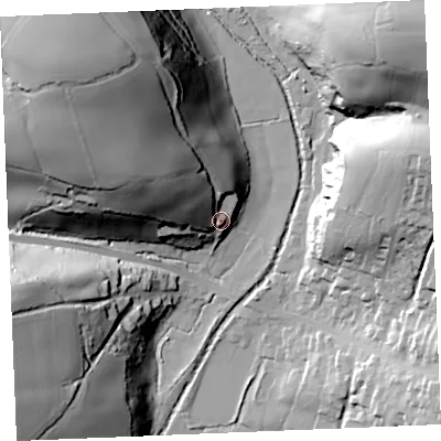 Shaded relief map of the ground around TR24RX, computed from Environment Agency LiDAR. The ground here sits at about 32 m above sea level and falls 65 m across the surrounding 800 m. Surface water reaching this point runs off ground lying to the north-west, 47.9 m higher.