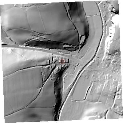 Shaded relief map of the ground around TR24RY, computed from Environment Agency LiDAR. The ground here sits at about 30 m above sea level and falls 64 m across the surrounding 800 m. Surface water reaching this point runs off ground lying to the west-south-west, 45.9 m higher.