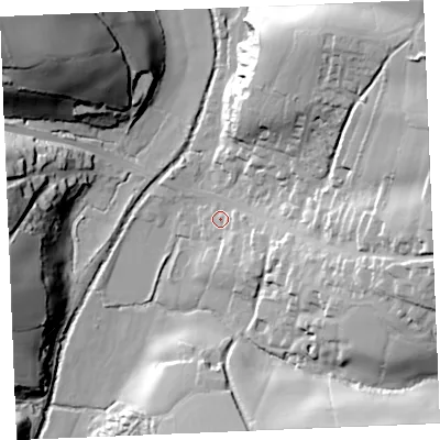 Shaded relief map of the ground around TR24SB, computed from Environment Agency LiDAR. The ground here sits at about 23 m above sea level and falls 53 m across the surrounding 800 m. Surface water reaching this point runs off ground lying to the south-east, 9.7 m higher.