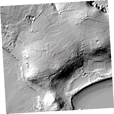 Shaded relief map of the ground around TR250QL, computed from Environment Agency LiDAR. The ground here sits at about 32 m above sea level and falls 45 m across the surrounding 800 m. Surface water reaching this point runs off ground lying to the west-north-west, 2.9 m higher.