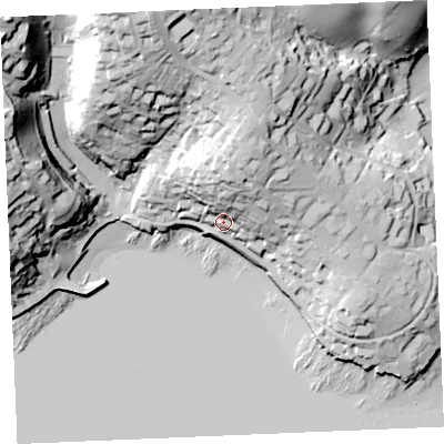 Shaded relief map of the ground around TR25AN, computed from Environment Agency LiDAR. The ground here sits at about 15 m above sea level and falls 61 m across the surrounding 800 m. Surface water reaching this point runs off ground lying to the north-north-east, 30.2 m higher.