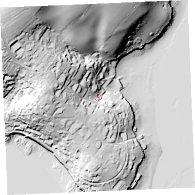 Shaded relief map of the ground around TR25AR, computed from Environment Agency LiDAR. The ground here sits at about 13 m above sea level and falls 72 m across the surrounding 800 m. Surface water reaching this point runs off ground lying to the west-north-west, 35.2 m higher.