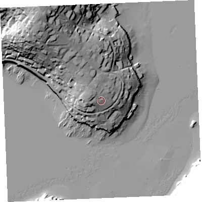 Shaded relief map of the ground around TR25AW, computed from Environment Agency LiDAR. The ground here sits at about 18 m above sea level and falls 53 m across the surrounding 800 m. Surface water reaching this point runs off ground lying to the north-west, 4.2 m higher.