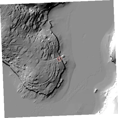 Shaded relief map of the ground around TR25AZ, computed from Environment Agency LiDAR. The ground here sits at about 7 m above sea level and falls 55 m across the surrounding 800 m. Surface water reaching this point runs off ground lying to the west-north-west, 36.5 m higher.