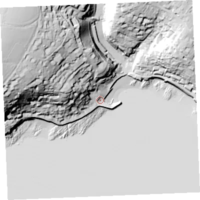 Shaded relief map of the ground around TR25DG, computed from Environment Agency LiDAR. The ground here sits at about 4 m above sea level and falls 74 m across the surrounding 800 m. Surface water reaching this point runs off ground lying to the west-north-west, 35.1 m higher.