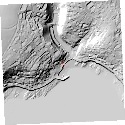 Shaded relief map of the ground around TR25DH, computed from Environment Agency LiDAR. The ground here sits at about 7 m above sea level and falls 74 m across the surrounding 800 m. Surface water reaching this point runs off ground lying to the north-west, 35.2 m higher.