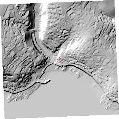 Shaded relief map of the ground around TR25DJ, computed from Environment Agency LiDAR. The ground here sits at about 10 m above sea level and falls 73 m across the surrounding 800 m. Surface water reaching this point runs off ground lying to the north-east, 21.5 m higher.