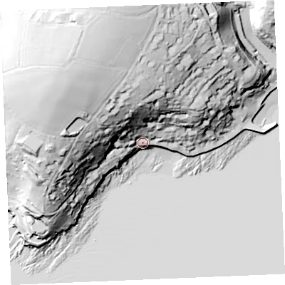 Shaded relief map of the ground around TR25DR, computed from Environment Agency LiDAR. The ground here sits at about 14 m above sea level and falls 73 m across the surrounding 800 m. Surface water reaching this point runs off ground lying to the north-north-west, 58.1 m higher.
