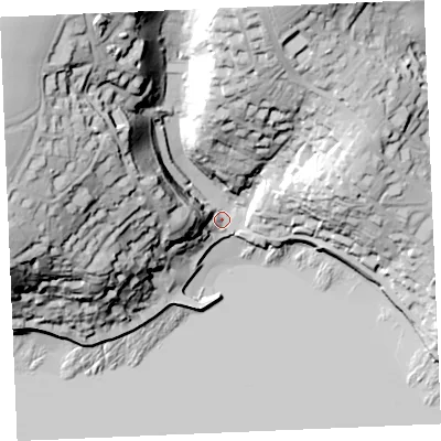 Shaded relief map of the ground around TR25DT, computed from Environment Agency LiDAR. The ground here sits at about 4 m above sea level and falls 75 m across the surrounding 800 m. Surface water reaching this point runs off ground lying to the north-west, 68.6 m higher.