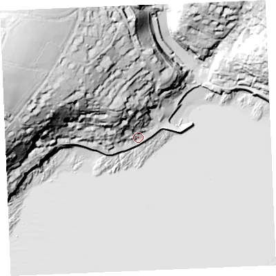 Shaded relief map of the ground around TR25DW, computed from Environment Agency LiDAR. The ground here sits at about 6 m above sea level and falls 73 m across the surrounding 800 m. Surface water reaching this point runs off ground lying to the north-north-west, 22.8 m higher.
