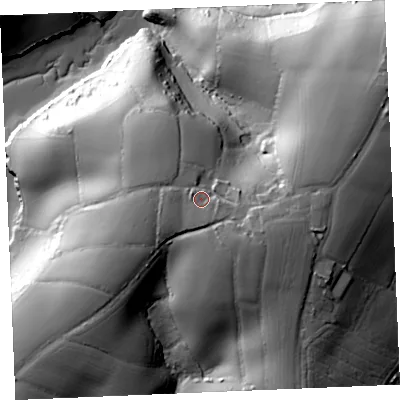 Shaded relief map of the ground around TR25ES, computed from Environment Agency LiDAR. The ground here sits at about 48 m above sea level and falls 66 m across the surrounding 800 m. Surface water reaching this point runs off ground lying to the east-south-east, 7.0 m higher.
