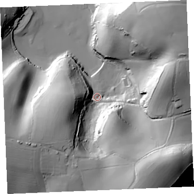 Shaded relief map of the ground around TR25EZ, computed from Environment Agency LiDAR. The ground here sits at about 8 m above sea level and falls 74 m across the surrounding 800 m. Surface water reaching this point runs off ground lying to the south-east, 49.0 m higher.