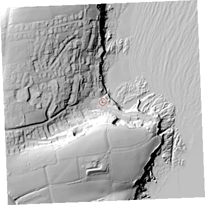 Shaded relief map of the ground around TR25HF, computed from Environment Agency LiDAR. The ground here sits at about 11 m above sea level and falls 61 m across the surrounding 800 m. Surface water reaching this point runs off ground lying to the south-west, 48.4 m higher.