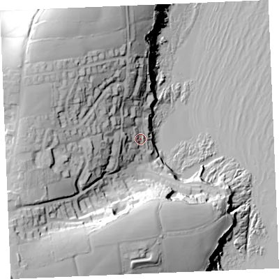 Shaded relief map of the ground around TR25HH, computed from Environment Agency LiDAR. The ground here sits at about 14 m above sea level and falls 63 m across the surrounding 800 m. Surface water reaching this point runs off ground lying to the west, 19.9 m higher.