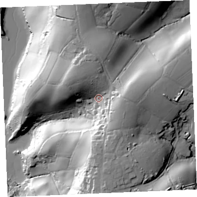 Shaded relief map of the ground around TR25JB, computed from Environment Agency LiDAR. The ground here sits at about 43 m above sea level and falls 61 m across the surrounding 800 m. Surface water reaching this point runs off ground lying to the east, 21.5 m higher.