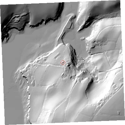 Shaded relief map of the ground around TR25JD, computed from Environment Agency LiDAR. The ground here sits at about 25 m above sea level and falls 86 m across the surrounding 800 m. Surface water reaching this point runs off ground lying to the south, 15.9 m higher.