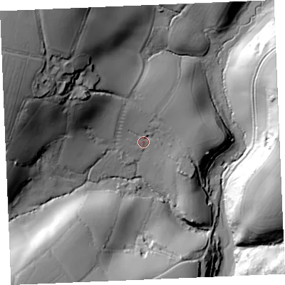 Shaded relief map of the ground around TR25JF, computed from Environment Agency LiDAR. The ground here sits at about 19 m above sea level and falls 75 m across the surrounding 800 m. Surface water reaching this point runs off ground lying to the north-west, 57.3 m higher.