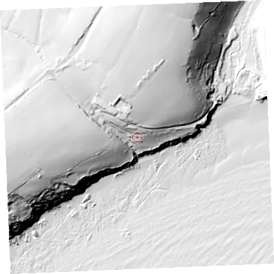 Shaded relief map of the ground around TR25LW, computed from Environment Agency LiDAR. The ground here sits at about 28 m above sea level and falls 70 m across the surrounding 800 m. Surface water reaching this point runs off ground lying to the north, 42.5 m higher.