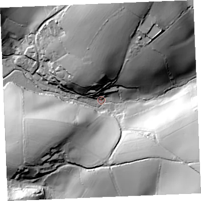 Shaded relief map of the ground around TR25NU, computed from Environment Agency LiDAR. The ground here sits at about 3 m above sea level and falls 62 m across the surrounding 800 m. Surface water reaching this point runs off ground lying to the south-east, 58.2 m higher.