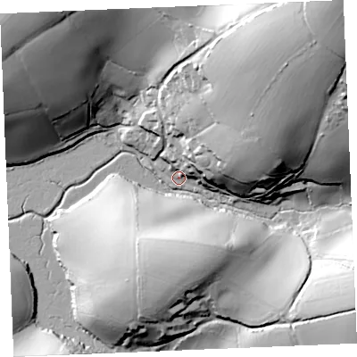 Shaded relief map of the ground around TR25NZ, computed from Environment Agency LiDAR. The ground here sits at about 3 m above sea level and falls 54 m across the surrounding 800 m. Surface water reaching this point runs off ground lying to the north-east, 52.4 m higher.