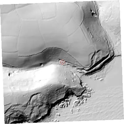 Shaded relief map of the ground around TR25PU, computed from Environment Agency LiDAR. The ground here sits at about 16 m above sea level and falls 93 m across the surrounding 800 m. Surface water reaching this point runs off ground lying to the north-west, 78.7 m higher.