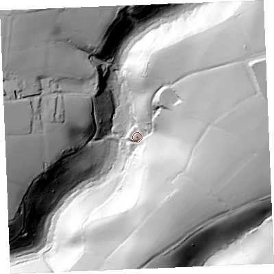 Shaded relief map of the ground around TR25PX, computed from Environment Agency LiDAR. The ground here sits at about 26 m above sea level and falls 74 m across the surrounding 800 m. Surface water reaching this point runs off ground lying to the east, 59.7 m higher.