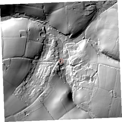 Shaded relief map of the ground around TR25QA, computed from Environment Agency LiDAR. The ground here sits at about 53 m above sea level and falls 67 m across the surrounding 800 m. Surface water reaching this point runs off ground lying to the south-east, 45.6 m higher.