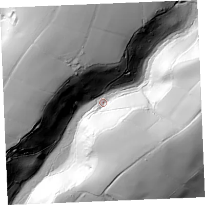 Shaded relief map of the ground around TR25QP, computed from Environment Agency LiDAR. The ground here sits at about 10 m above sea level and falls 77 m across the surrounding 800 m. Surface water reaching this point runs off ground lying to the north-west, 73.2 m higher.