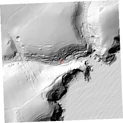 Shaded relief map of the ground around TR25QU, computed from Environment Agency LiDAR. The ground here sits at about 18 m above sea level and falls 93 m across the surrounding 800 m. Surface water reaching this point runs off ground lying to the south-west, 74.7 m higher.
