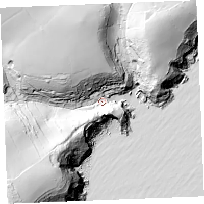 Shaded relief map of the ground around TR25QX, computed from Environment Agency LiDAR. The ground here sits at about 11 m above sea level and falls 93 m across the surrounding 800 m. Surface water reaching this point runs off ground lying to the south-west, 82.7 m higher.