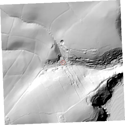Shaded relief map of the ground around TR25RB, computed from Environment Agency LiDAR. The ground here sits at about 38 m above sea level and falls 93 m across the surrounding 800 m. Surface water reaching this point runs off ground lying to the south-south-west, 53.6 m higher.
