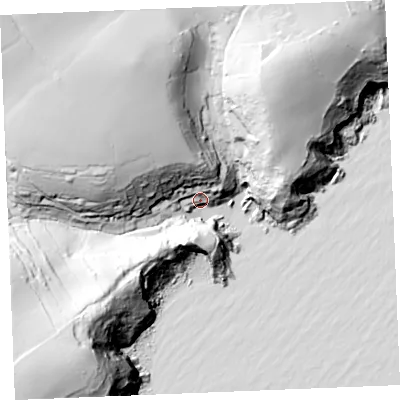 Shaded relief map of the ground around TR25RD, computed from Environment Agency LiDAR. The ground here sits at about 11 m above sea level and falls 92 m across the surrounding 800 m. Surface water reaching this point runs off ground lying to the north-west, 76.8 m higher.