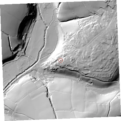 Shaded relief map of the ground around TR25RU, computed from Environment Agency LiDAR. The ground here sits at about 31 m above sea level and falls 56 m across the surrounding 800 m. Surface water reaching this point runs off ground lying to the east-north-east, 19.9 m higher.