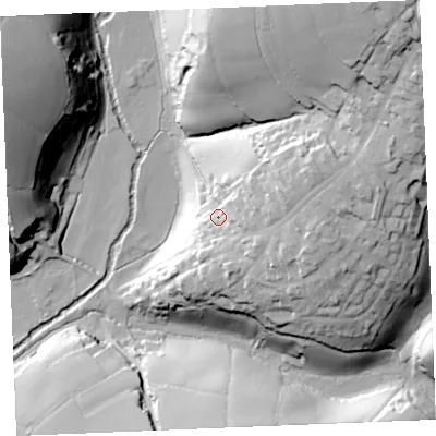 Shaded relief map of the ground around TR25RX, computed from Environment Agency LiDAR. The ground here sits at about 31 m above sea level and falls 56 m across the surrounding 800 m. Surface water reaching this point runs off ground lying to the east, 14.9 m higher.