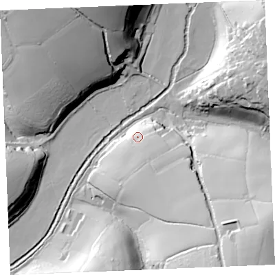 Shaded relief map of the ground around TR25TD, computed from Environment Agency LiDAR. The ground here sits at about 21 m above sea level and falls 55 m across the surrounding 800 m. Surface water reaching this point runs off ground lying to the south-east, 25.5 m higher.