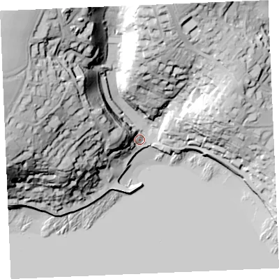 Shaded relief map of the ground around TR25UJ, computed from Environment Agency LiDAR. The ground here sits at about 6 m above sea level and falls 75 m across the surrounding 800 m. Surface water reaching this point runs off ground lying to the north-west, 68.4 m higher.