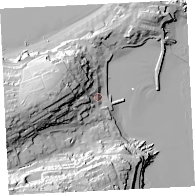 Shaded relief map of the ground around TR261AB, computed from Environment Agency LiDAR. The ground here sits at about 10 m above sea level and falls 71 m across the surrounding 800 m. Surface water reaching this point runs off ground lying to the west, 43.8 m higher.