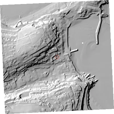 Shaded relief map of the ground around TR261AF, computed from Environment Agency LiDAR. The ground here sits at about 11 m above sea level and falls 81 m across the surrounding 800 m. Surface water reaching this point runs off ground lying to the west-north-west, 38.6 m higher.
