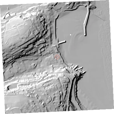 Shaded relief map of the ground around TR261AH, computed from Environment Agency LiDAR. The ground here sits at about 6 m above sea level and falls 87 m across the surrounding 800 m. Surface water reaching this point runs off ground lying to the south-west, 78.7 m higher.