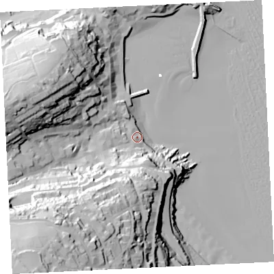 Shaded relief map of the ground around TR261AL, computed from Environment Agency LiDAR. The ground here sits at about 6 m above sea level and falls 88 m across the surrounding 800 m. Surface water reaching this point runs off ground lying to the south-west, 81.1 m higher.