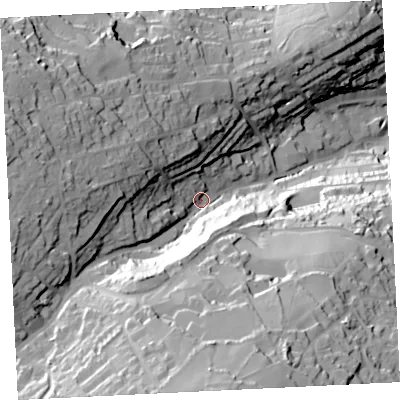 Shaded relief map of the ground around TR261AY, computed from Environment Agency LiDAR. The ground here sits at about 46 m above sea level and falls 89 m across the surrounding 800 m. Surface water reaching this point runs off ground lying to the south-south-west, 57.9 m higher.