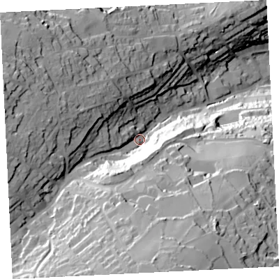Shaded relief map of the ground around TR261BA, computed from Environment Agency LiDAR. The ground here sits at about 52 m above sea level and falls 89 m across the surrounding 800 m. Surface water reaching this point runs off ground lying to the south, 56.5 m higher.