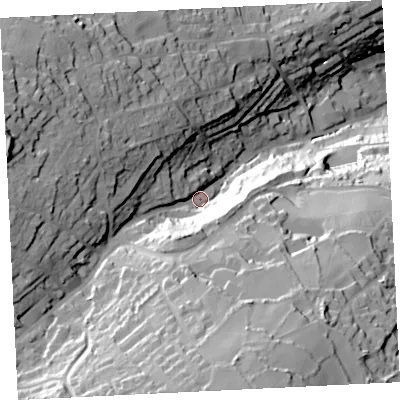 Shaded relief map of the ground around TR261BB, computed from Environment Agency LiDAR. The ground here sits at about 56 m above sea level and falls 88 m across the surrounding 800 m. Surface water reaching this point runs off ground lying to the south, 54.6 m higher.